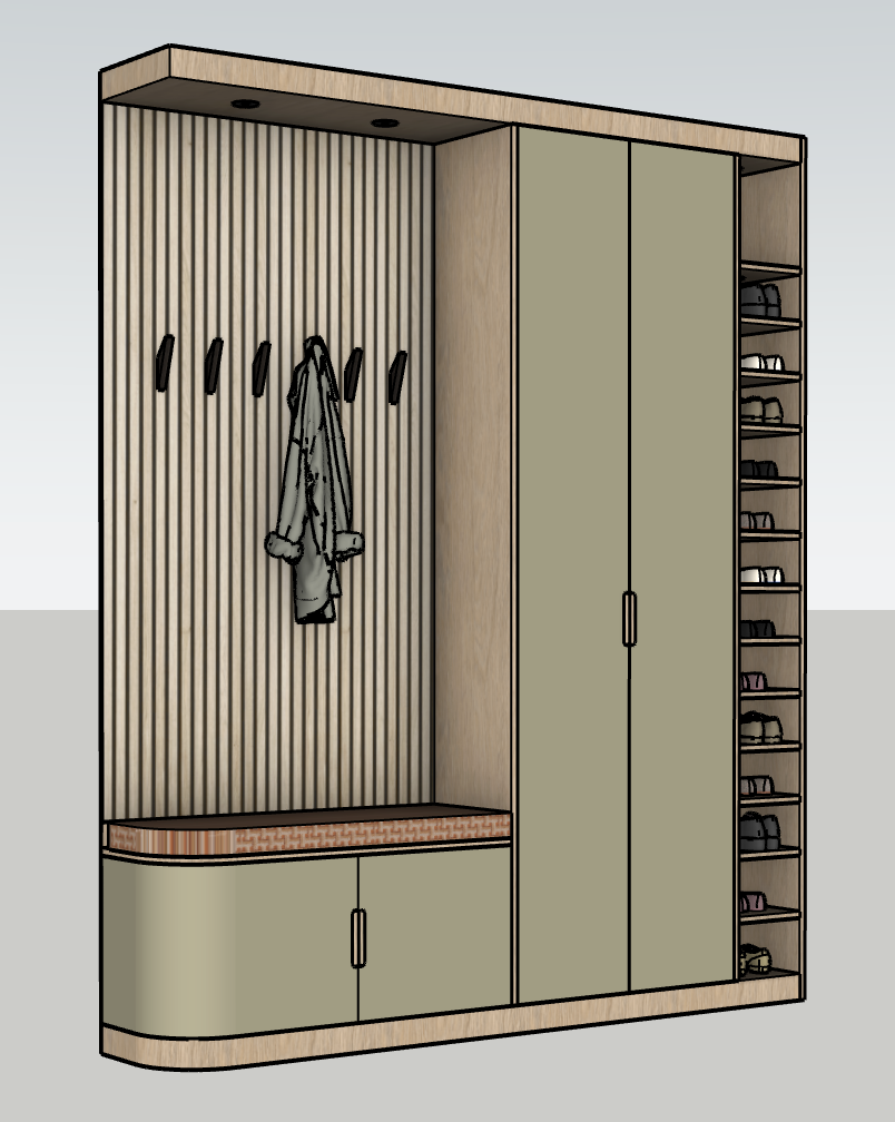 Ontwerptekening perspectief van de maatwerk garderobekast in Schiedam