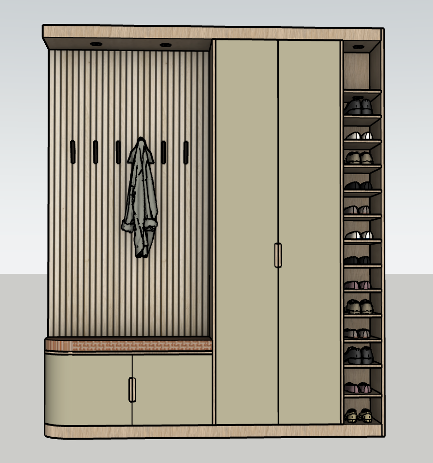 Ontwerptekening vooraanzicht van de maatwerk garderobekast in Schiedam