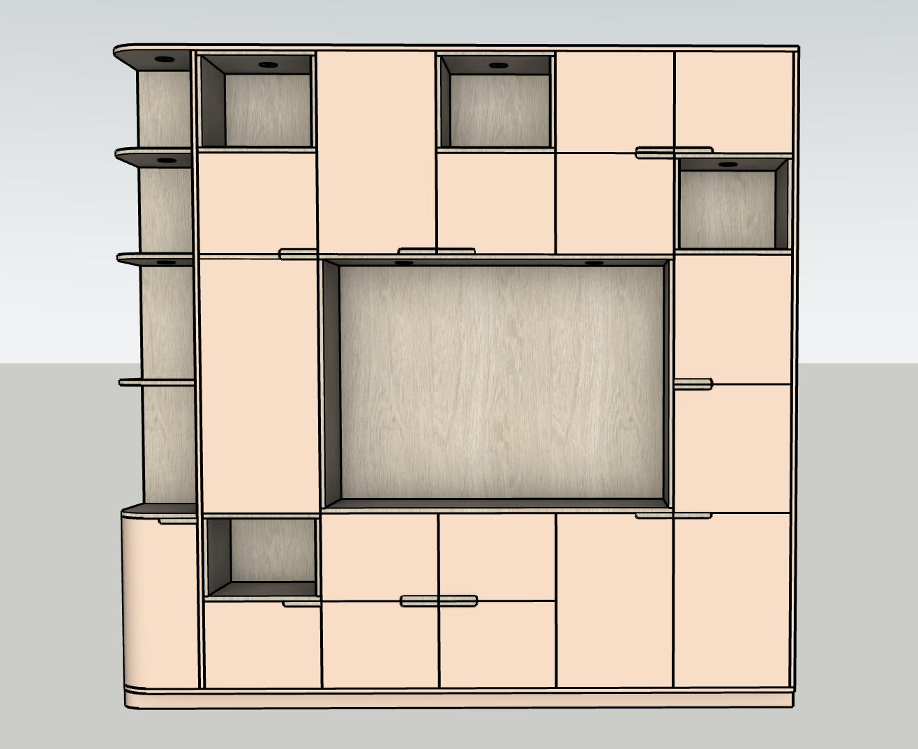 Ontwerptekening vooraanzicht van de maatwerk tv-kast in Schiedam